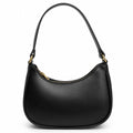 A black leather crescent-shaped shoulder bag with gold-tone hardware and a single shoulder strap, shown against a plain white background.
