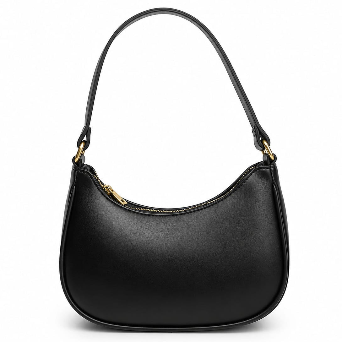 A black leather crescent-shaped shoulder bag with gold-tone hardware and a single shoulder strap, shown against a plain white background.