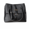 Classic black tote handbag with structured shape, dual handles, and tassel detail.