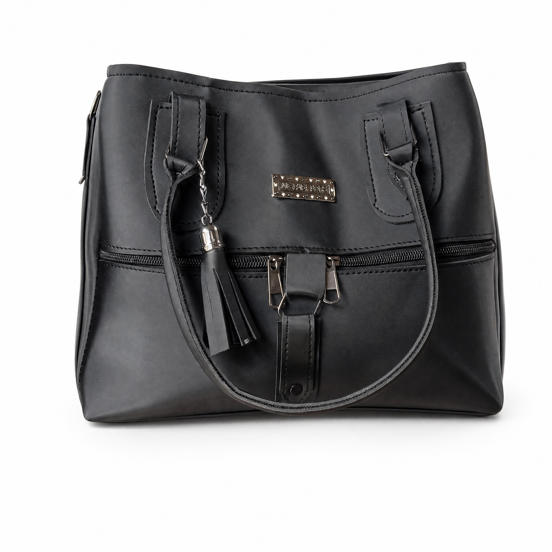Classic black tote handbag with structured shape, dual handles, and tassel detail.