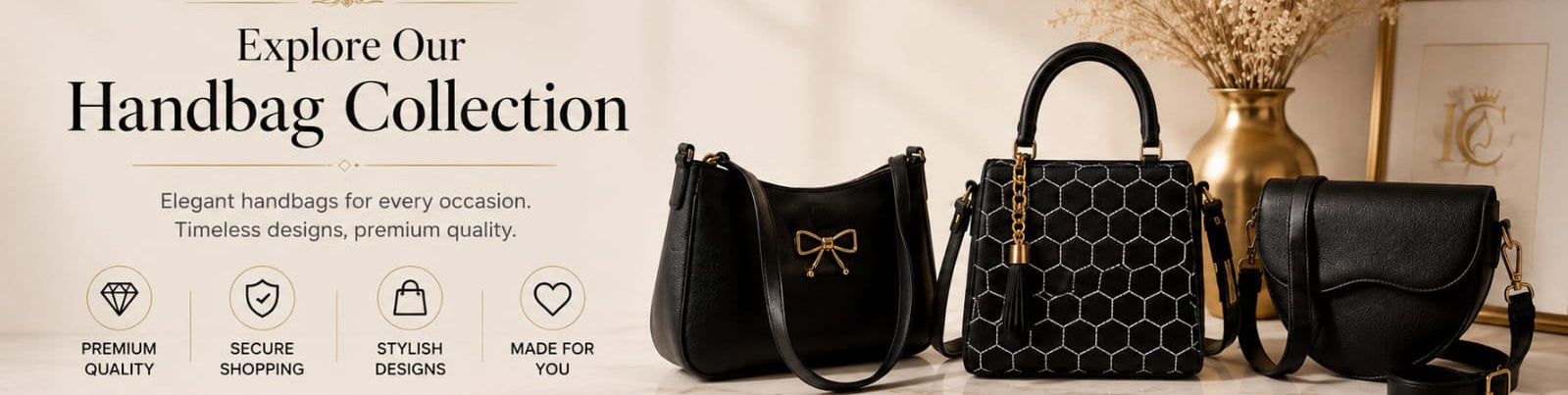 A promotional banner for a handbag collection, featuring three black designer-style handbags on a marble surface next to a gold vase with dried flowers. The left side includes text reading 'Explore Our Handbag Collection' with icons for premium quality, secure shopping, stylish designs, and made for you, plus a gold 'SHOP NOW' button.